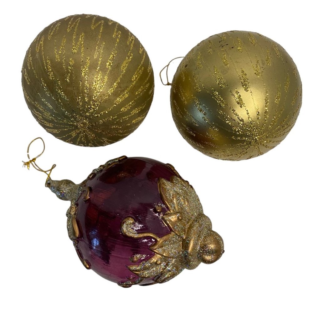 Christmas 5" giant ball ornaments gold glitter purple glass‎ lot